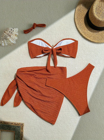 Set de bikini din trei piese cu top tubular și rochie de plajă; material poliester cu uscare rapidă; elasticitate mare; cu burete pentru bust