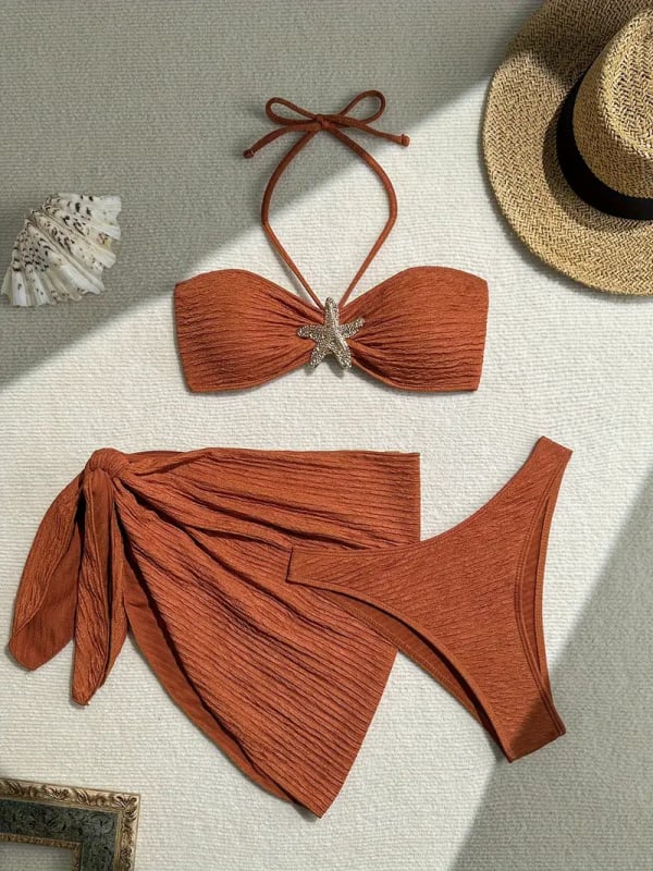 Set de bikini din trei piese cu top tubular și rochie de plajă; material poliester cu uscare rapidă; elasticitate mare; cu burete pentru bust