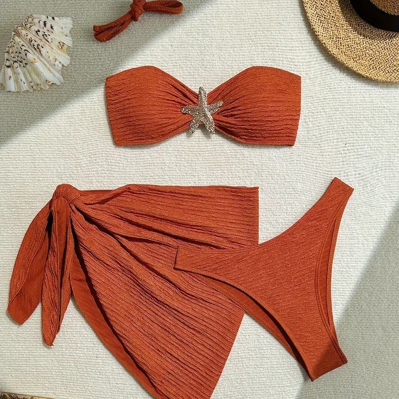 Set de bikini din trei piese cu top tubular și rochie de plajă; material poliester cu uscare rapidă; elasticitate mare; cu burete pentru bust