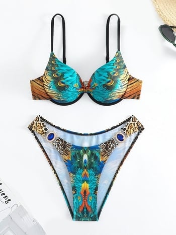 Ženski bikini kupaći s metalnom podrškom i jastučićima, cvjetni uzorak, visokim strukom, poliester 82% + 18% elastan, gustoća 180 g/m²