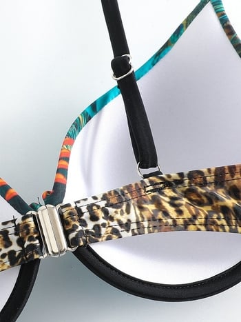 Ženski bikini kupaći s metalnom podrškom i jastučićima, cvjetni uzorak, visokim strukom, poliester 82% + 18% elastan, gustoća 180 g/m²