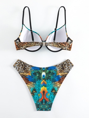 Ženski bikini kupaći s metalnom podrškom i jastučićima, cvjetni uzorak, visokim strukom, poliester 82% + 18% elastan, gustoća 180 g/m²