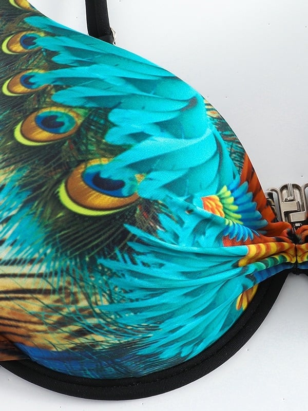 Ženski bikini kupaći s metalnom podrškom i jastučićima, cvjetni uzorak, visokim strukom, poliester 82% + 18% elastan, gustoća 180 g/m²