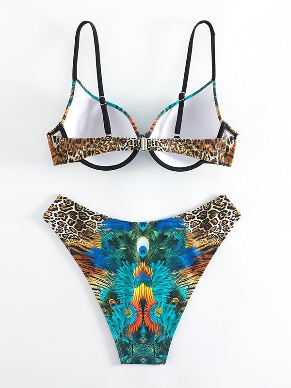 Ženski bikini kupaći s metalnom podrškom i jastučićima, cvjetni uzorak, visokim strukom, poliester 82% + 18% elastan, gustoća 180 g/m²