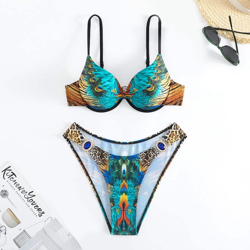 Ženski bikini kupaći s metalnom podrškom i jastučićima, cvjetni uzorak, visokim strukom, poliester 82% + 18% elastan, gustoća 180 g/m²