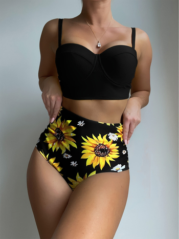 Costum de baie două piese, talie înaltă, push-up, imprimeu floral, spate decupat, elasticitate ridicată – nailon/elastan