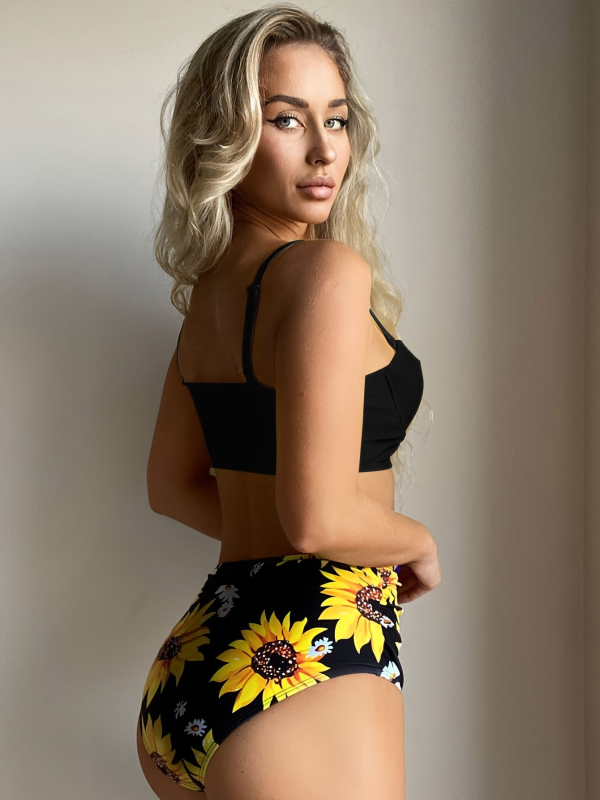Costum de baie două piese, talie înaltă, push-up, imprimeu floral, spate decupat, elasticitate ridicată – nailon/elastan