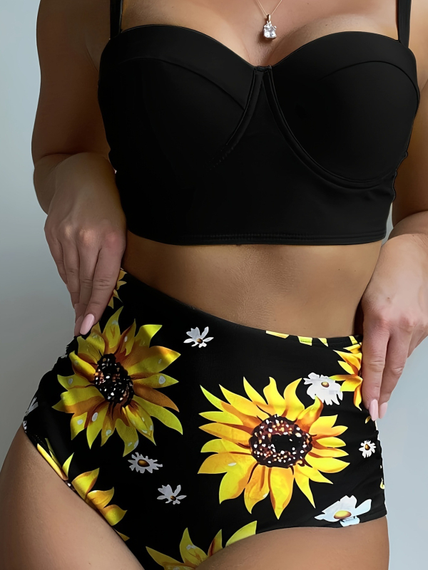 Costum de baie două piese, talie înaltă, push-up, imprimeu floral, spate decupat, elasticitate ridicată – nailon/elastan