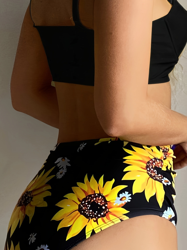 Costum de baie două piese, talie înaltă, push-up, imprimeu floral, spate decupat, elasticitate ridicată – nailon/elastan