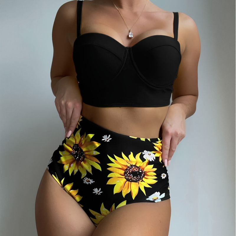 Costum de baie două piese, talie înaltă, push-up, imprimeu floral, spate decupat, elasticitate ridicată – nailon/elastan