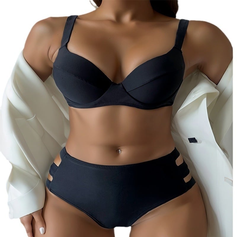 Dvodijelni bikini – jednobojna boja, sexy dizajn, s jastučićima za prsa, bez čelične potpore, bez rukava, tkanina: poliester s elastanom