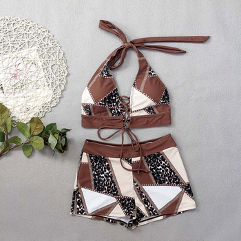 Ολόσωμο μαγιό λεοπάρ με υψηλή μέση, διασταυρούμενες τιράντες, χωρίς μανίκια, με επένδυση στήθους