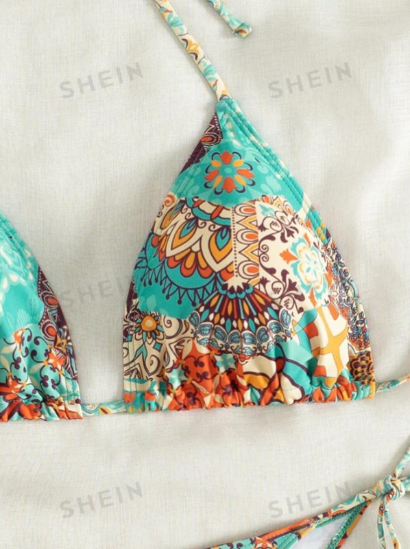 Costum de baie bikini imprimat cu șnur – uscare rapidă, elasticitate înaltă, cu bureți în cupă, fără suport metalic