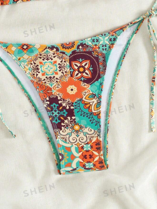 Costum de baie bikini imprimat cu șnur – uscare rapidă, elasticitate înaltă, cu bureți în cupă, fără suport metalic