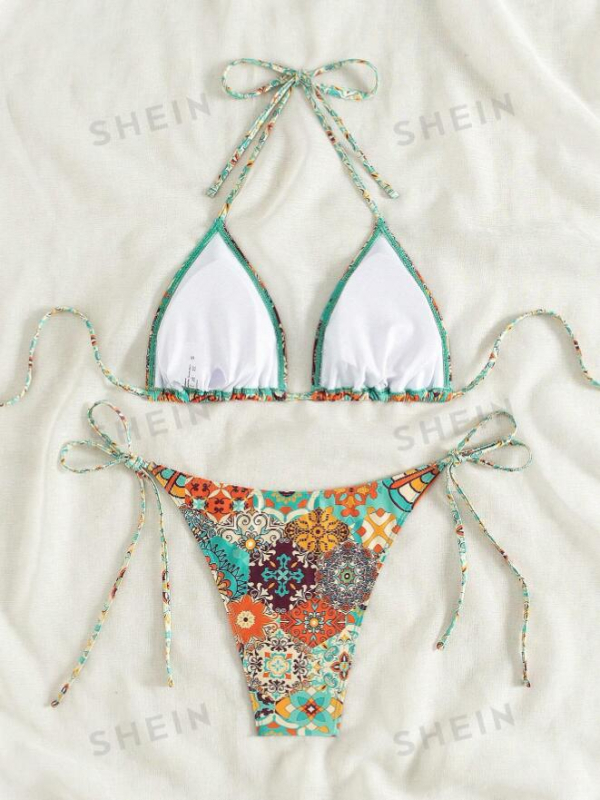 Costum de baie bikini imprimat cu șnur – uscare rapidă, elasticitate înaltă, cu bureți în cupă, fără suport metalic