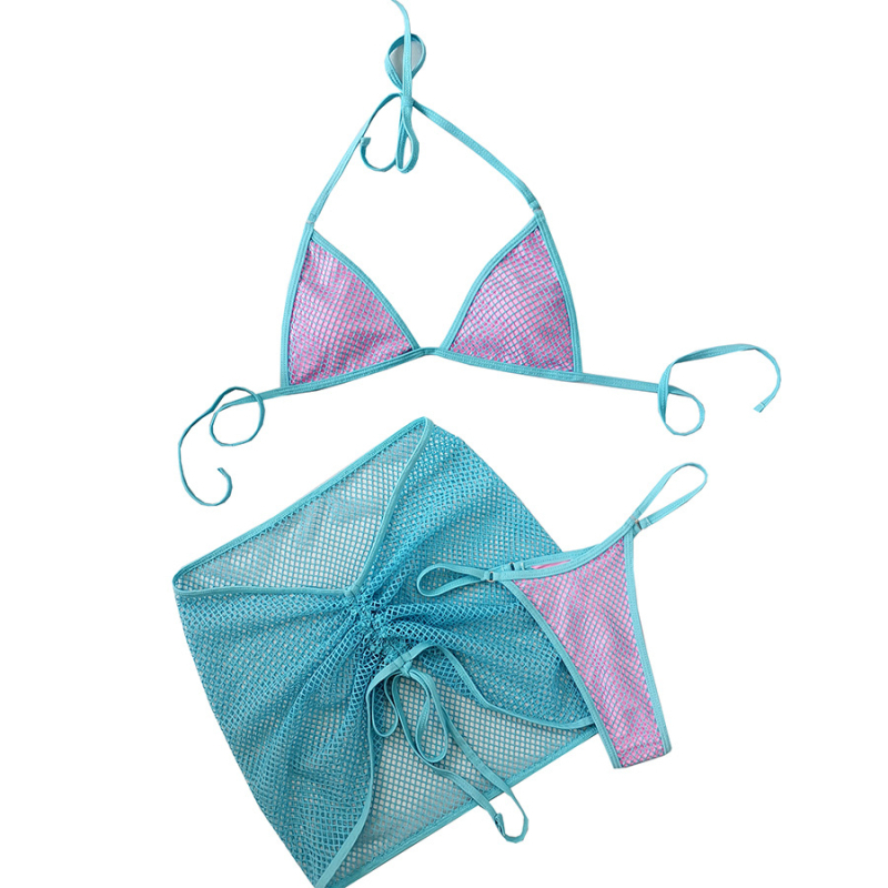 Troje-djelni bikini set s mrežom tkaninom, vezana suknja, jastučići za grudi, visoka elastičnost