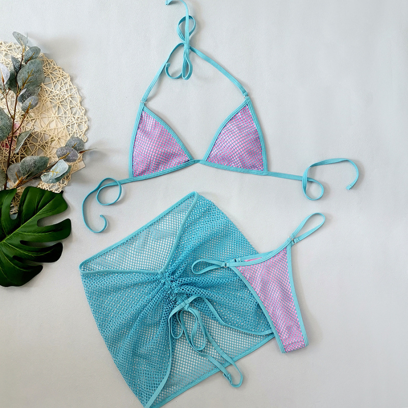 Troje-djelni bikini set s mrežom tkaninom, vezana suknja, jastučići za grudi, visoka elastičnost