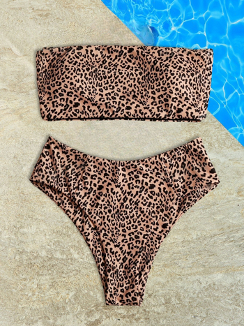Μπικίνι δύο τεμαχίων με λεοπάρ μοτίβο, υψηλής μέσης, χωρίς τιράντες, με επένδυση στο στήθος, πολυεστερικό ύφασμα