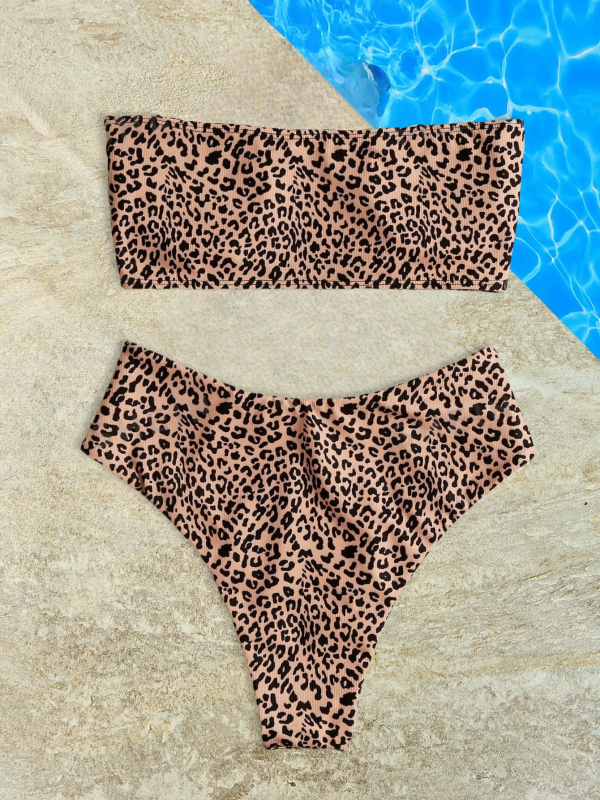 Dvodijelni bikini s leopard uzorkom, visokim strukom, bez naramenica, s umetkom za prsni dio, poliester tkanina