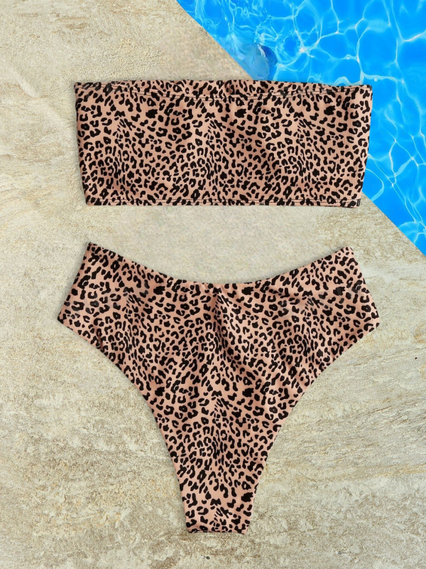 Dvodijelni bikini s leopard uzorkom, visokim strukom, bez naramenica, s umetkom za prsni dio, poliester tkanina