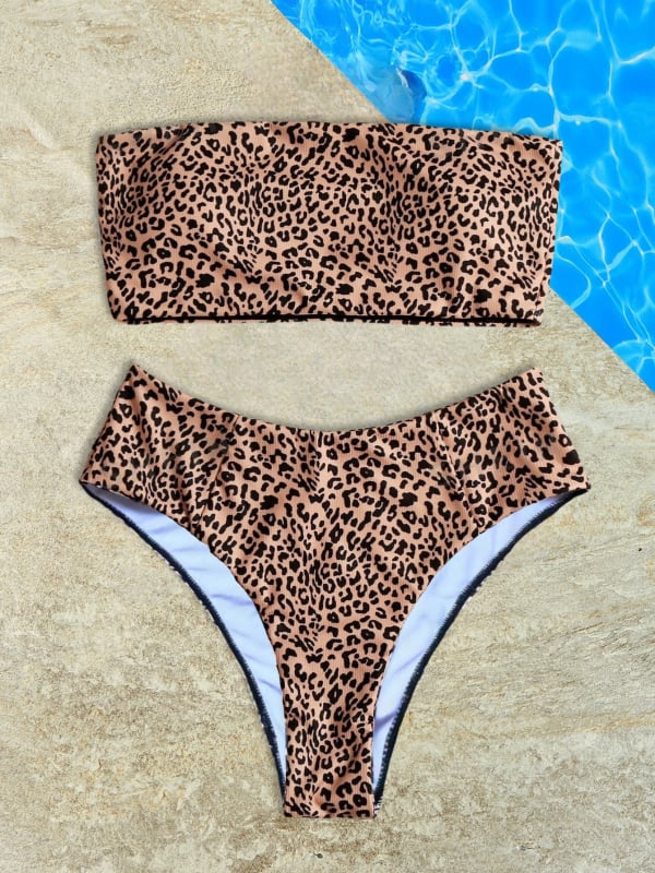 Dvodijelni bikini s leopard uzorkom, visokim strukom, bez naramenica, s umetkom za prsni dio, poliester tkanina