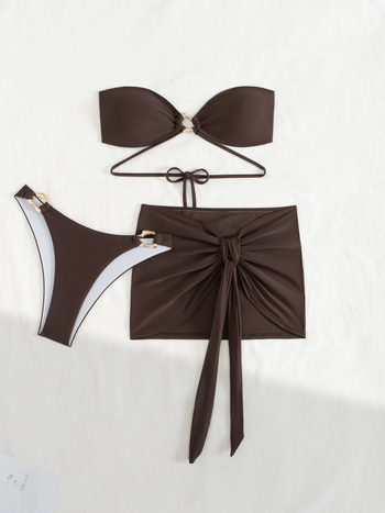 Kolmeosaleline bikini komplekt lõigatud seeliku ja toru ülaosaga, nailon ujumistrikoo, kõrge elastus, rinna padjad kaasas