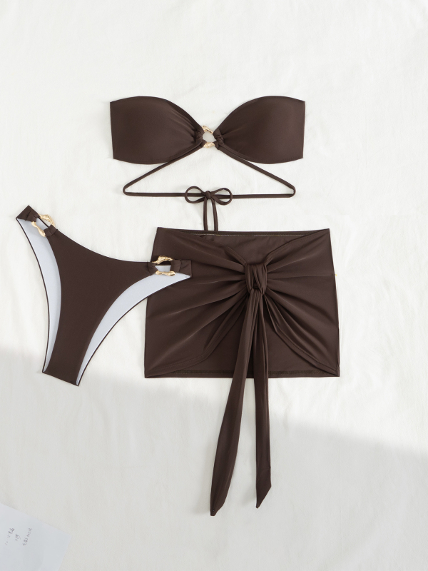 Kolmeosaleline bikini komplekt lõigatud seeliku ja toru ülaosaga, nailon ujumistrikoo, kõrge elastus, rinna padjad kaasas