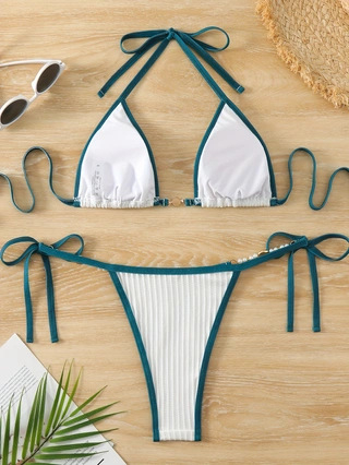 Costum de baie două piese cu talie înaltă, spate decupat, top căptușit, poliester 82% / spandex 18%