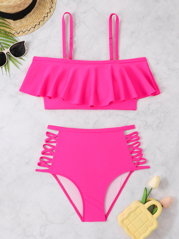 Costum de baie două piese, top tubular cu burete pentru bust, slip talie înaltă cu detaliu din frânghie împletită, material nailon, căptușeală 95% nailon, greutate 180 g