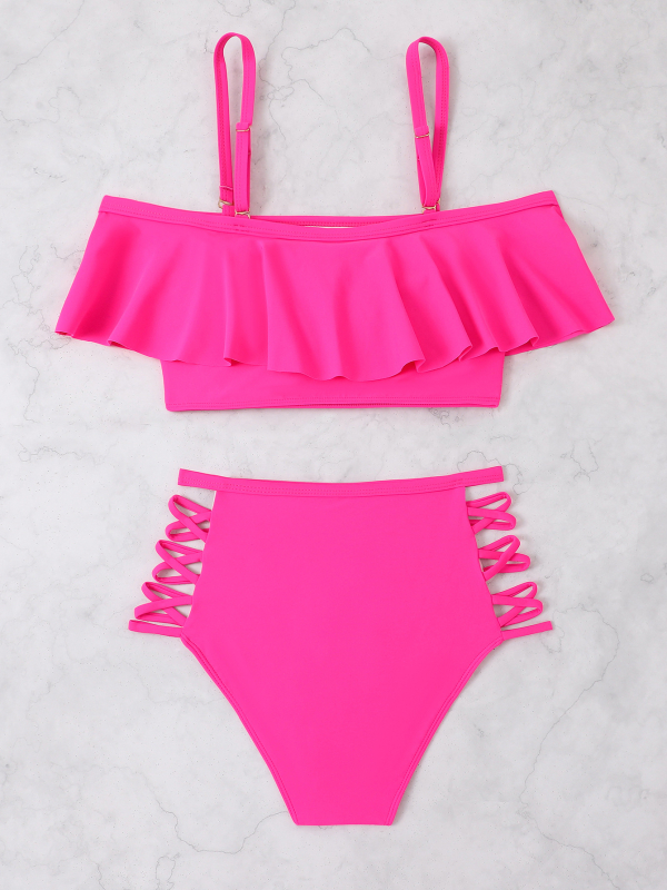 Costum de baie două piese, top tubular cu burete pentru bust, slip talie înaltă cu detaliu din frânghie împletită, material nailon, căptușeală 95% nailon, greutate 180 g