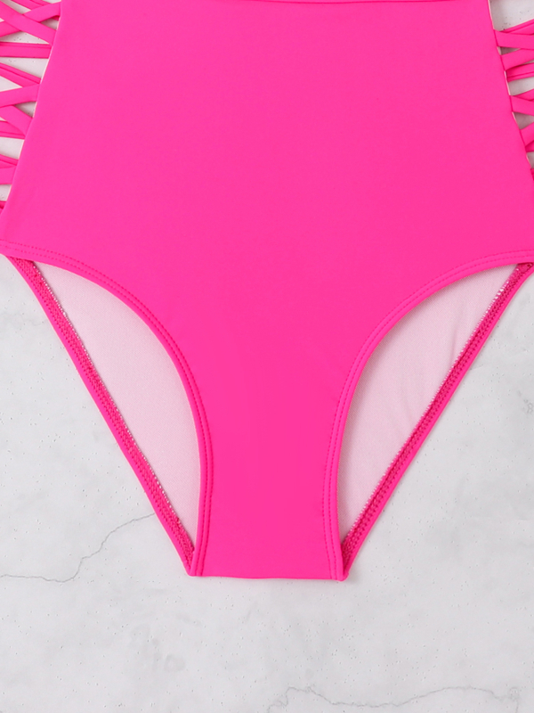 Costum de baie două piese, top tubular cu burete pentru bust, slip talie înaltă cu detaliu din frânghie împletită, material nailon, căptușeală 95% nailon, greutate 180 g