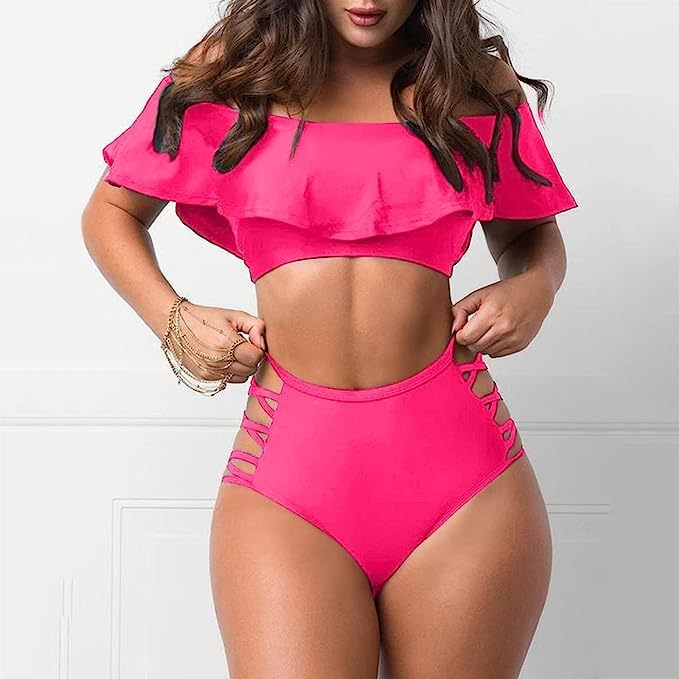 Costum de baie două piese, top tubular cu burete pentru bust, slip talie înaltă cu detaliu din frânghie împletită, material nailon, căptușeală 95% nailon, greutate 180 g