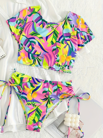 Μπικίνι με κορδόνια πίσω χωρίς πλάτη, εκτύπωση, επένδυση για το στήθος, πολυεστερικό ύφασμα