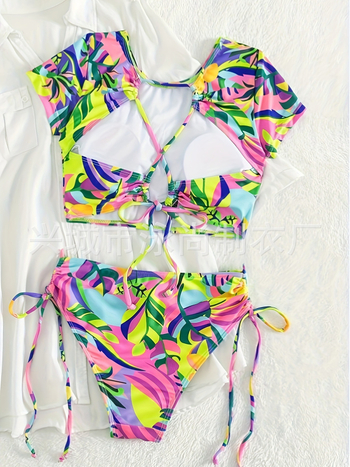 Μπικίνι με κορδόνια πίσω χωρίς πλάτη, εκτύπωση, επένδυση για το στήθος, πολυεστερικό ύφασμα