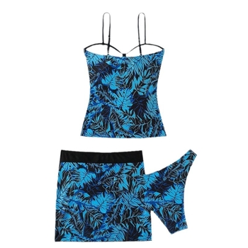 Set de baie pentru femei, trei piese: top camisole cu imprimeu frunză, slip triunghiular și fustă scurtă cu șnur; bureți în cupă; țesătură poliester, căptușeală poliester, greutate aproximativ 280 g; potrivit pentru înot.