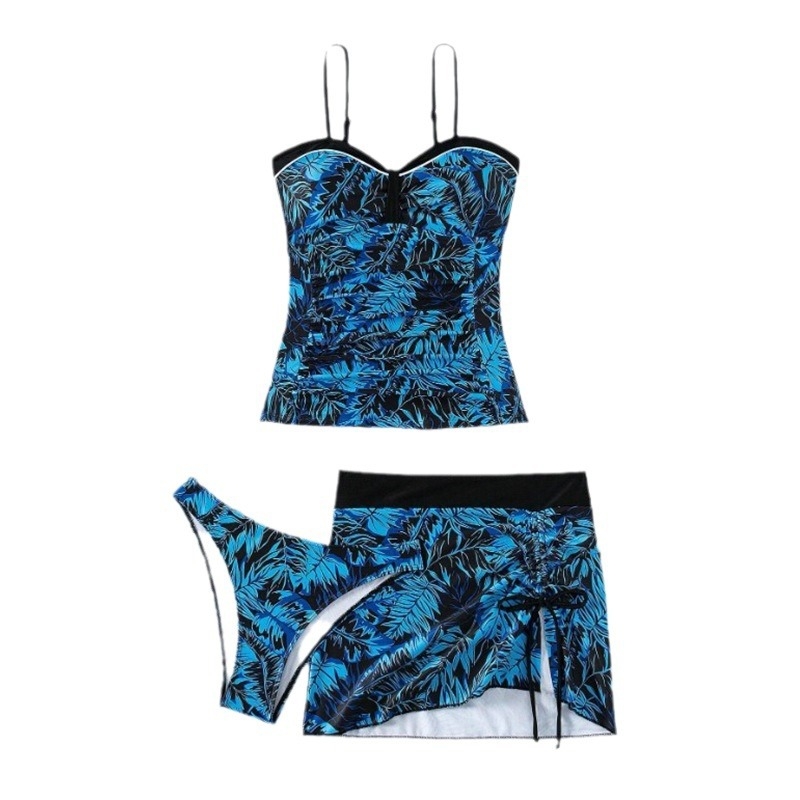 Set de baie pentru femei, trei piese: top camisole cu imprimeu frunză, slip triunghiular și fustă scurtă cu șnur; bureți în cupă; țesătură poliester, căptușeală poliester, greutate aproximativ 280 g; potrivit pentru înot.