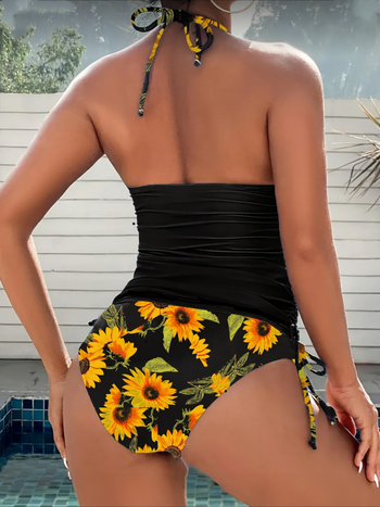 Γυναικείος ολόσωμος μαγιό με λαιμό halter, ψηλή μέση, τύπωμα ηλιοτρόπιου, επένδυση στήθους και ρυθμιζόμενη κορδέλα