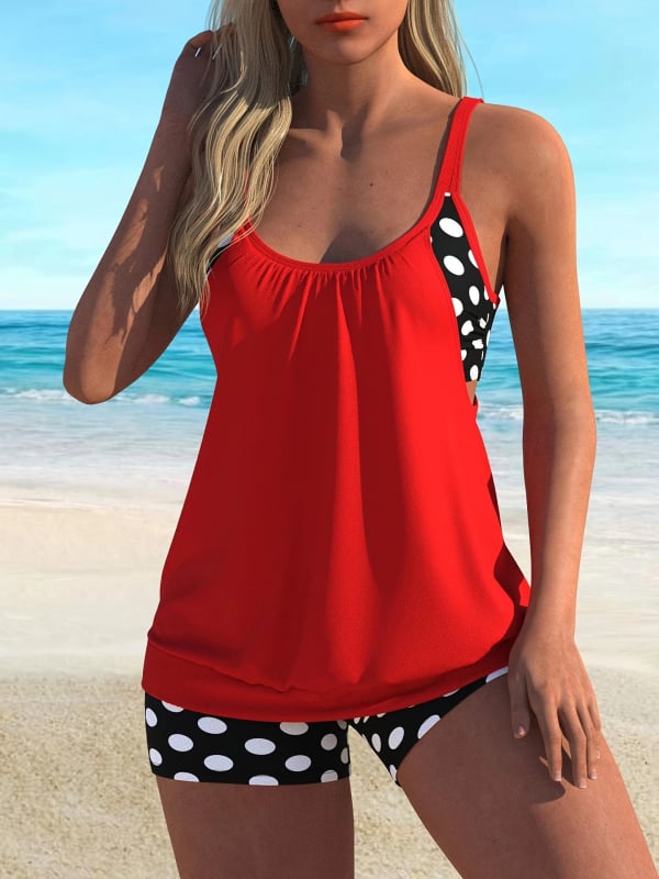 Set tankini din două piese, buline, cu bureți pentru bust, din poliester 82%