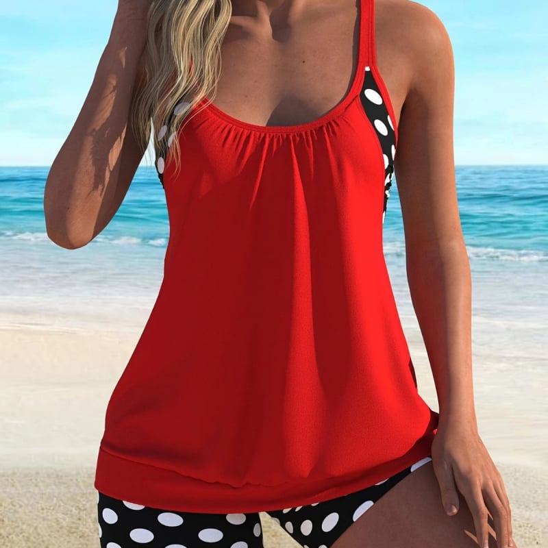 Set tankini din două piese, buline, cu bureți pentru bust, din poliester 82%
