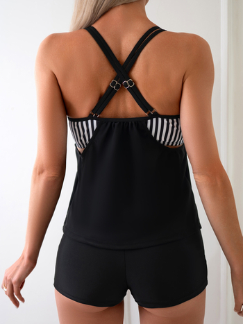 Γυναικείο tankini μαγιό με ρίγες, γρήγορο στέγνωμα πολυεστέρα, με επένδυση στήθους, χωρίς μεταλλικά στοιχεία, βάρος υφάσματος 300 g/m²