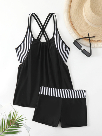 Γυναικείο tankini μαγιό με ρίγες, γρήγορο στέγνωμα πολυεστέρα, με επένδυση στήθους, χωρίς μεταλλικά στοιχεία, βάρος υφάσματος 300 g/m²