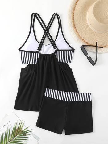 Γυναικείο tankini μαγιό με ρίγες, γρήγορο στέγνωμα πολυεστέρα, με επένδυση στήθους, χωρίς μεταλλικά στοιχεία, βάρος υφάσματος 300 g/m²