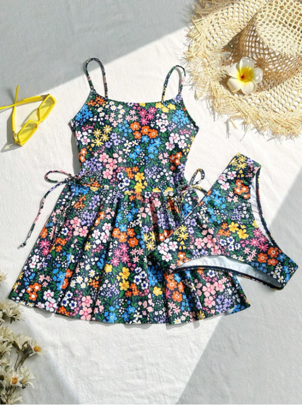 Costum de baie tankini din două piese, imprimeu floral, spate decupat, cu bureți la cupă, 82/18 poliester