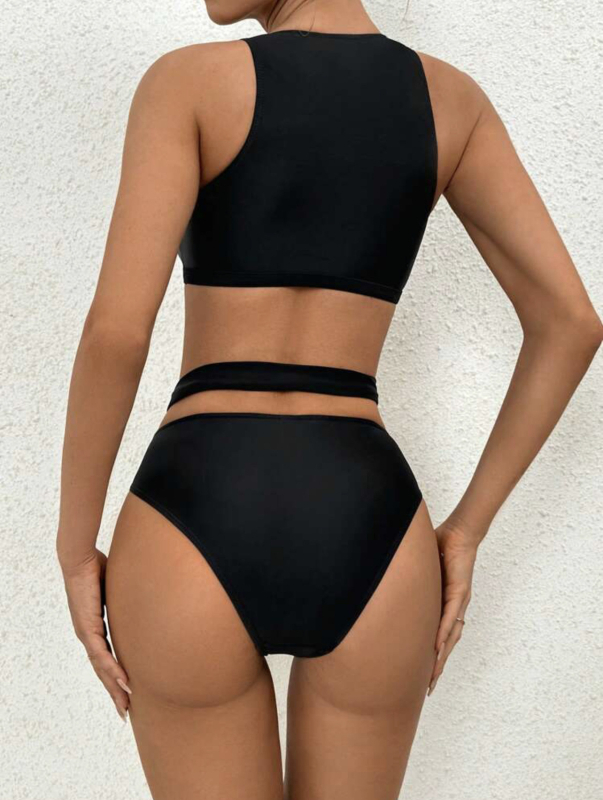 Ženski bikini set s mrežastim detaljem, s jastučićima za grudi, bez rukava, donji dio briefs, poliester