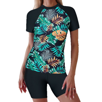 Γυναικείο μαγιό Tankini με ψηλή μέση, κοντά μανίκια, επένδυση στήθους, πολυεστερικό ύφασμα, επένδυση από πολυεστέρα και spandex