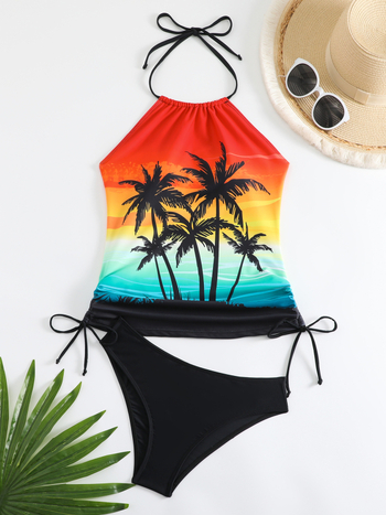 Γυναικείο tankini halter, με επένδυση στο στήθος και χωρίς μεταλλική στήριξη· ύφασμα πολυεστερής, 82%, 233 g; μοτίβο 1327355784; στυλ: tankini, τρίγωνο μπικίνι, briefs, split