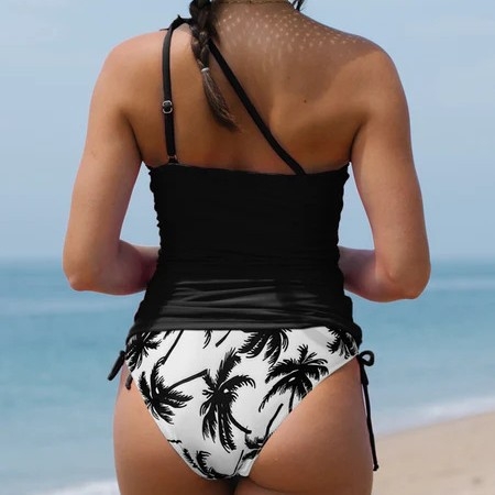 Costum de baie bikini pentru femei, imprimeu palmier cocos și petale; material 82% poliester, căptușeală 18% elastan; 200 g