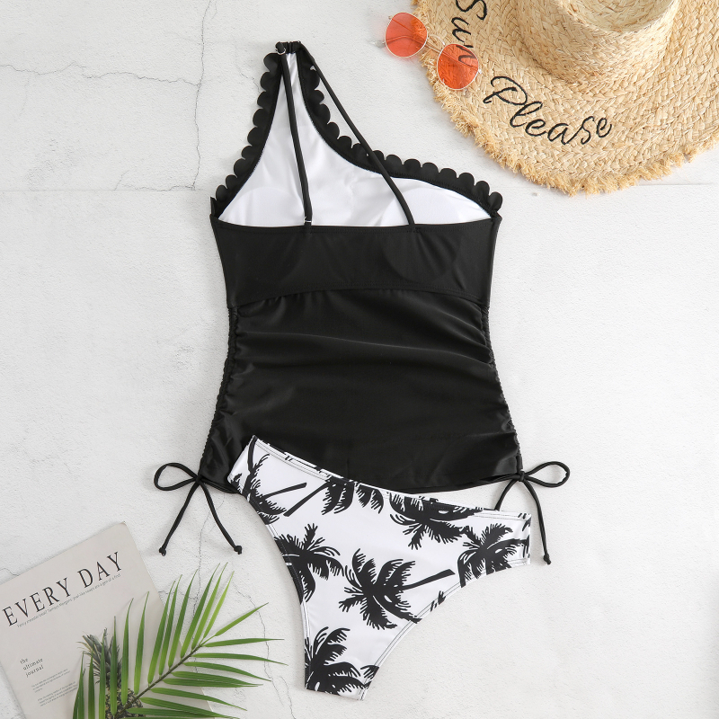 Costum de baie bikini pentru femei, imprimeu palmier cocos și petale; material 82% poliester, căptușeală 18% elastan; 200 g