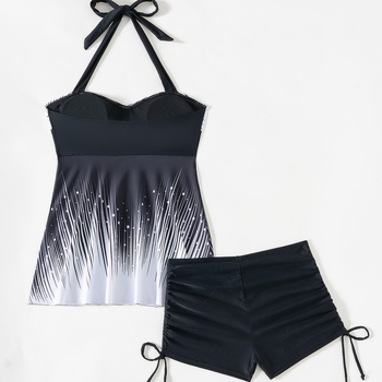 Γυναικείο μαγιό χωρίς μανίκια με δέσιμο στον λαιμό, ανοιχτή πλάτη, επένδυση στήθους, εφαρμοστός γραμμικός σχεδιασμός, gradient και συντηρητικό μοτίβο, εξωτερικό ύφασμα 82% πολυεστέρας / επένδυση 18% σπάντεξ