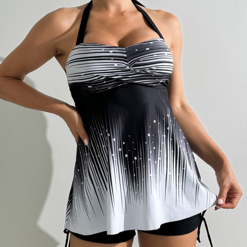 Costum de baie pentru femei fără mâneci, cu șnur la gât, spate decupat, padding la bust, croială slim, model gradient conservator, exterior 82% poliester / căptușeală 18% spandex